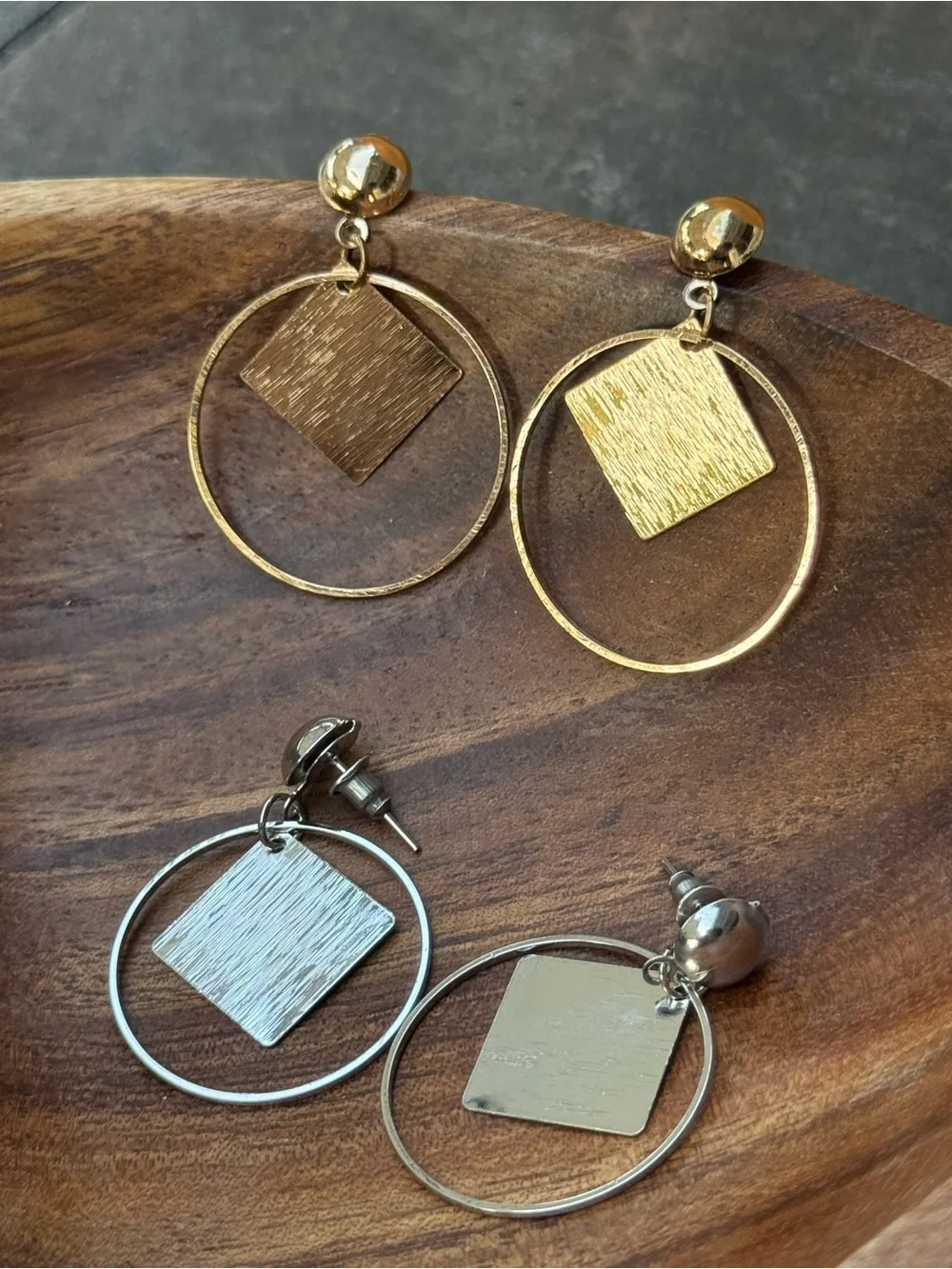 Gold and Silver Geometric Hoop Drop Earrings - Women's Jewelry